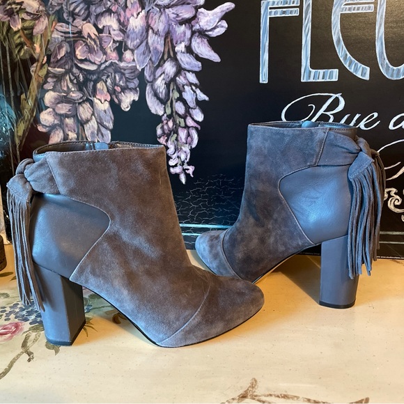 White House Black Market Shoes - White House Black Market Gray Suede Boho Fringe Ankle Boots Booties 8